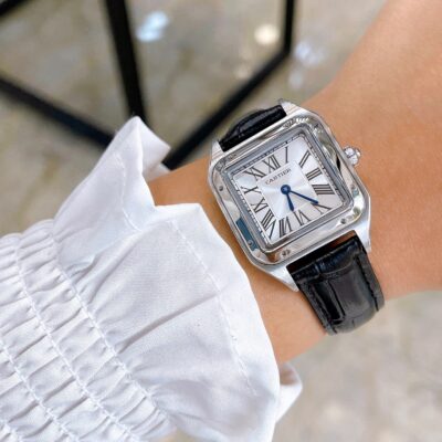 ساعت کارتیه زنانه دومونت بند چرم مشکی قاب استیل صفحه سفید